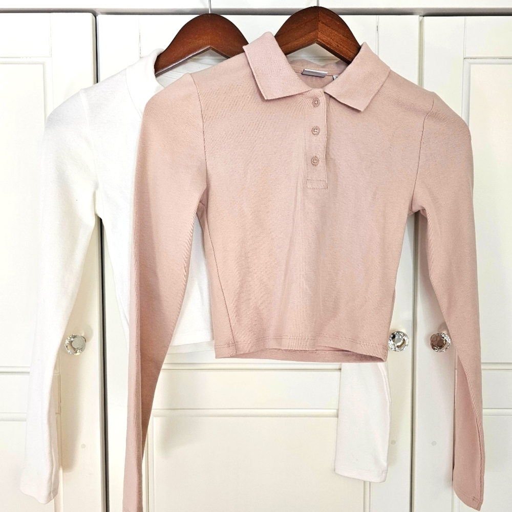 Aritzia Long Sleeve Polo Tee in Blush Pink and White